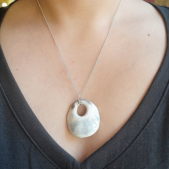 Vintage Blue Ceramic Geometric Modern Round Pendant Necklace - Picture 4 of 8